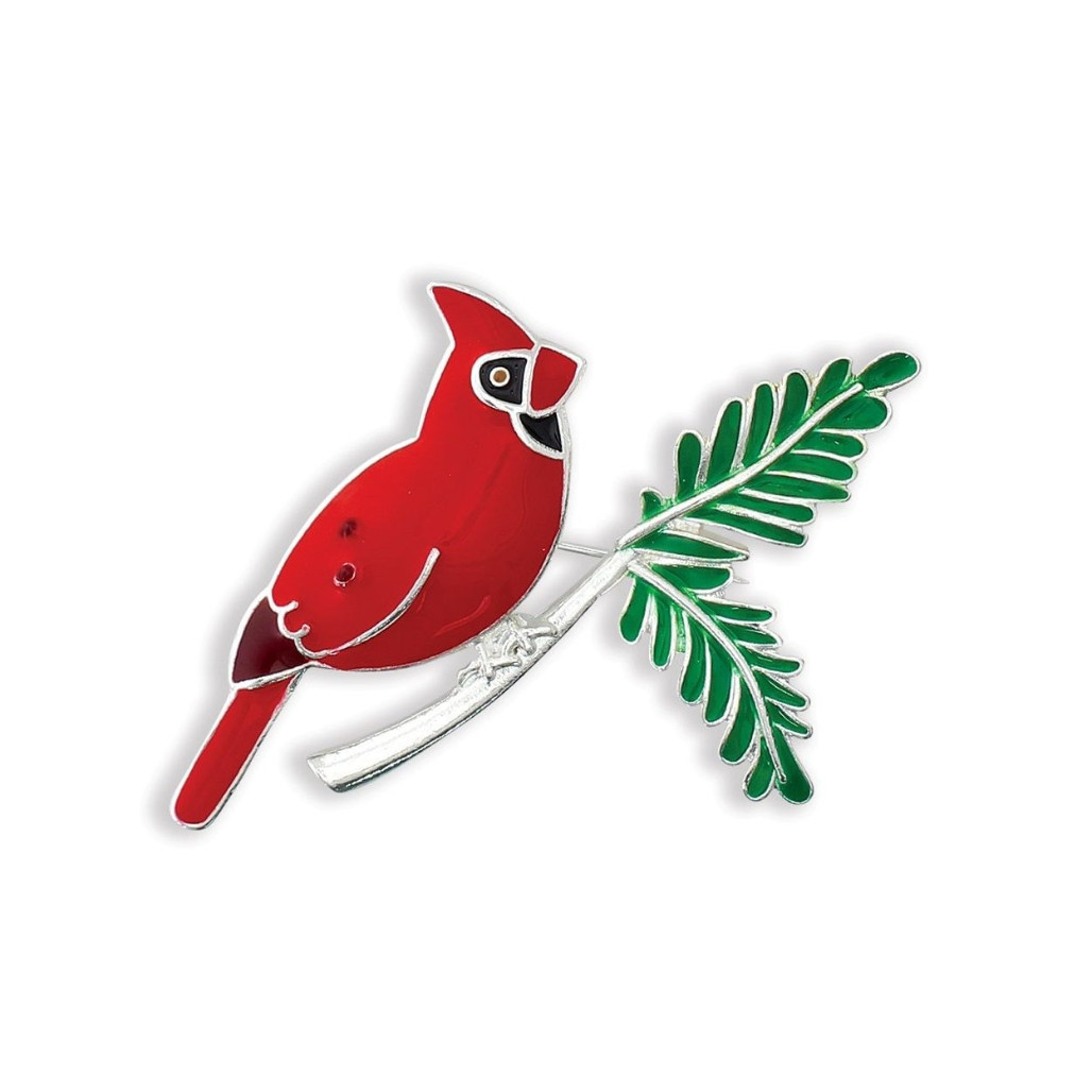 Cardinal on Green Branch Enamel Holiday Brooch