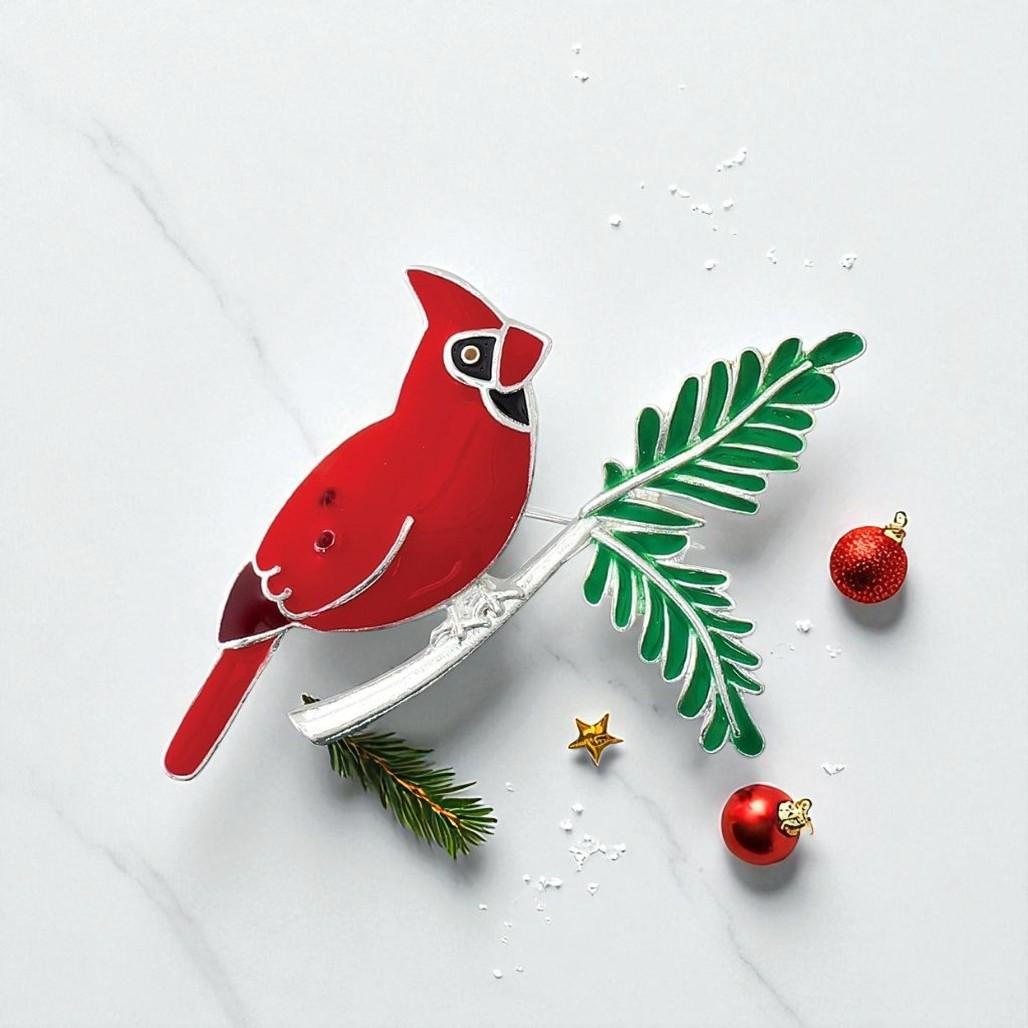 Cardinal on Green Branch Enamel Holiday Brooch