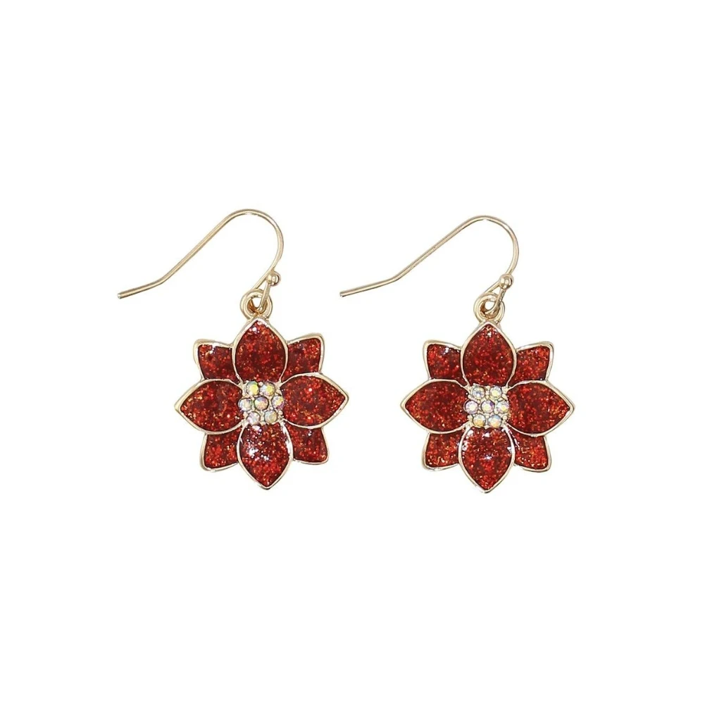 Gold Glitter Poinsettia Dangle Earrings by Periwinkle