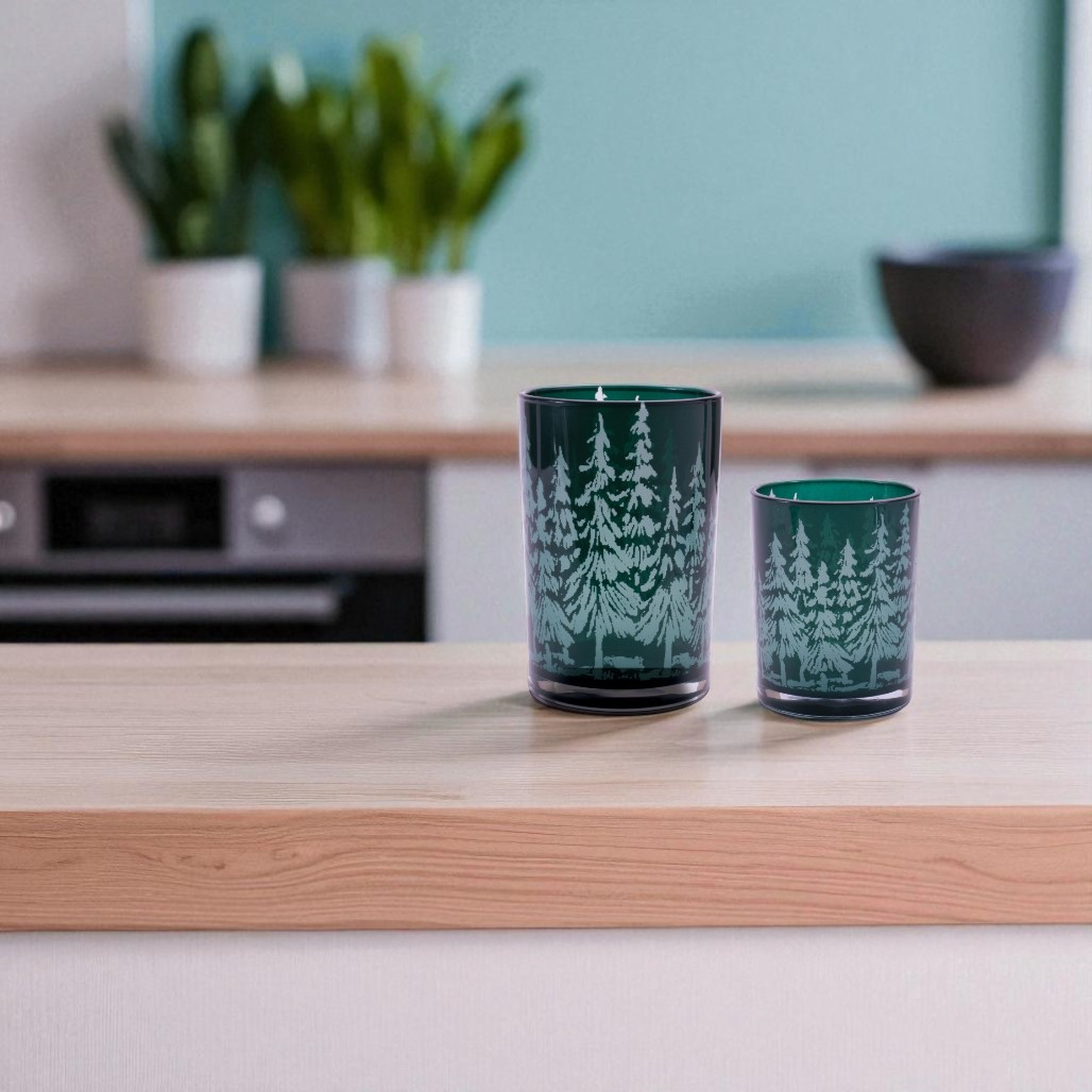 Forest Design Glass Candle Holder Set of 2
