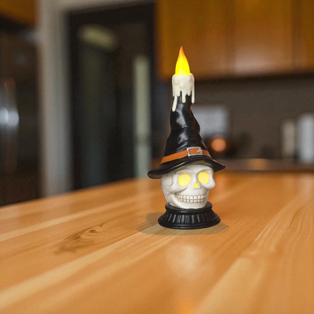 Lighted Halloween Skull Figurine with Candle and Witch Hat