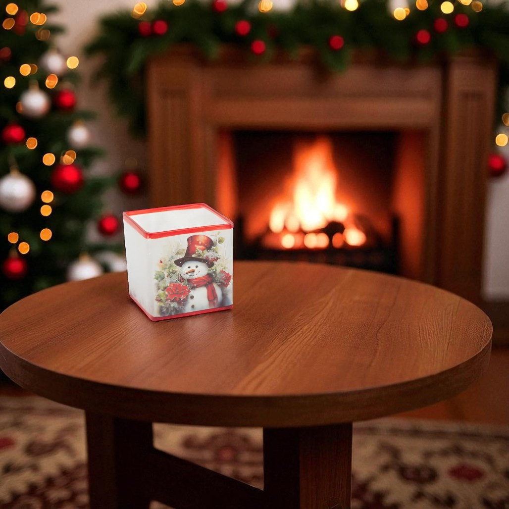 Frosted Snowman with Red Hat Glass Candle Holder