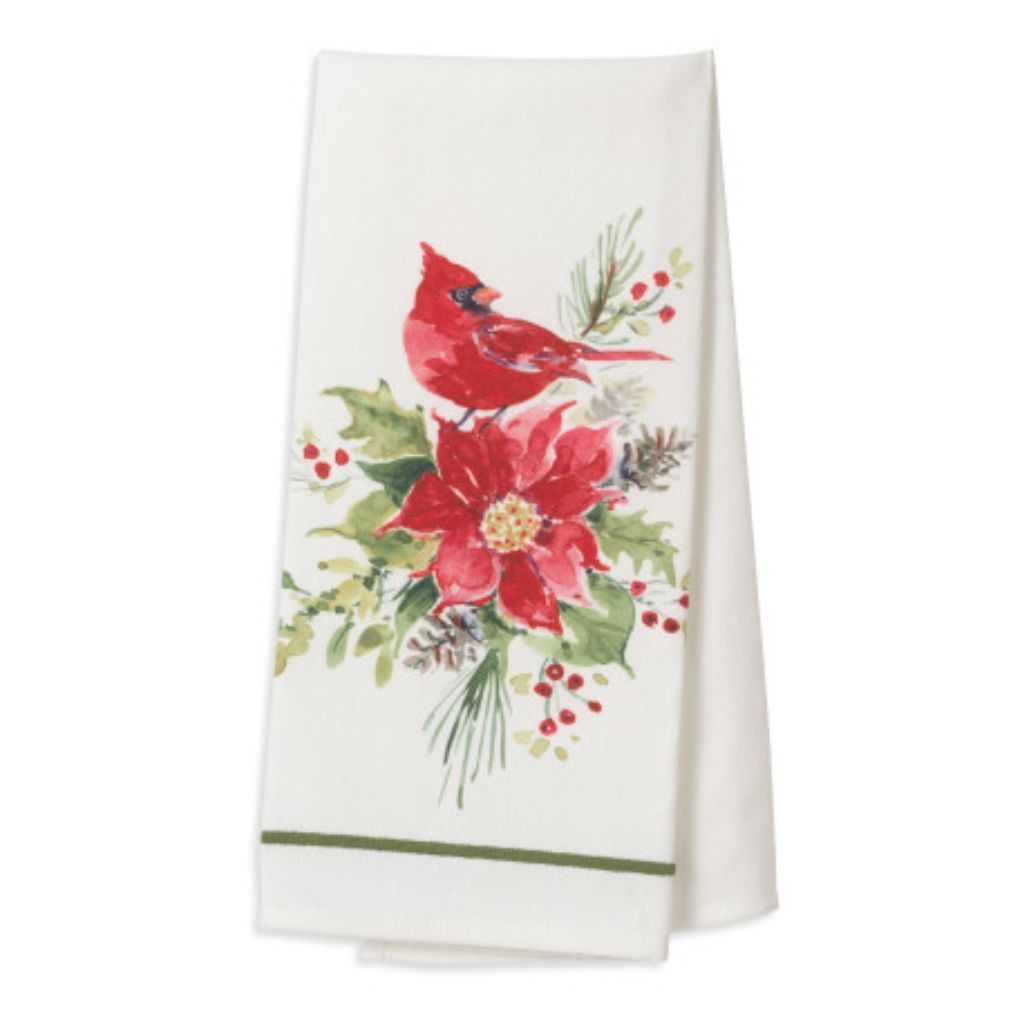 Holiday Cardinal with Poinsettia Tea Towel