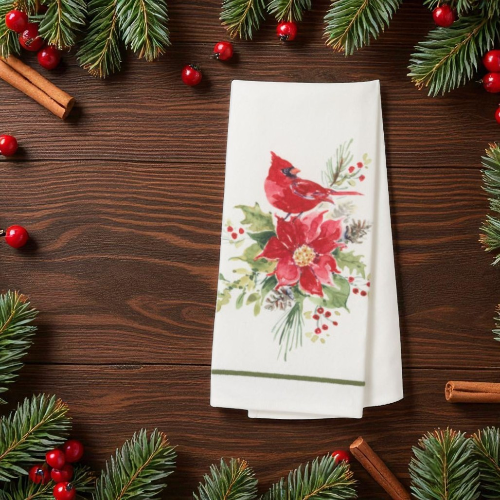 Holiday Cardinal with Poinsettia Tea Towel