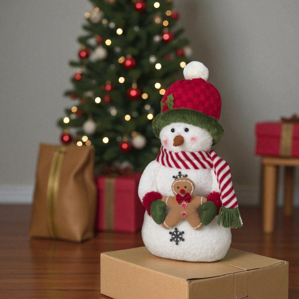 Plush Holiday Snowman with Red Hat and Scarf