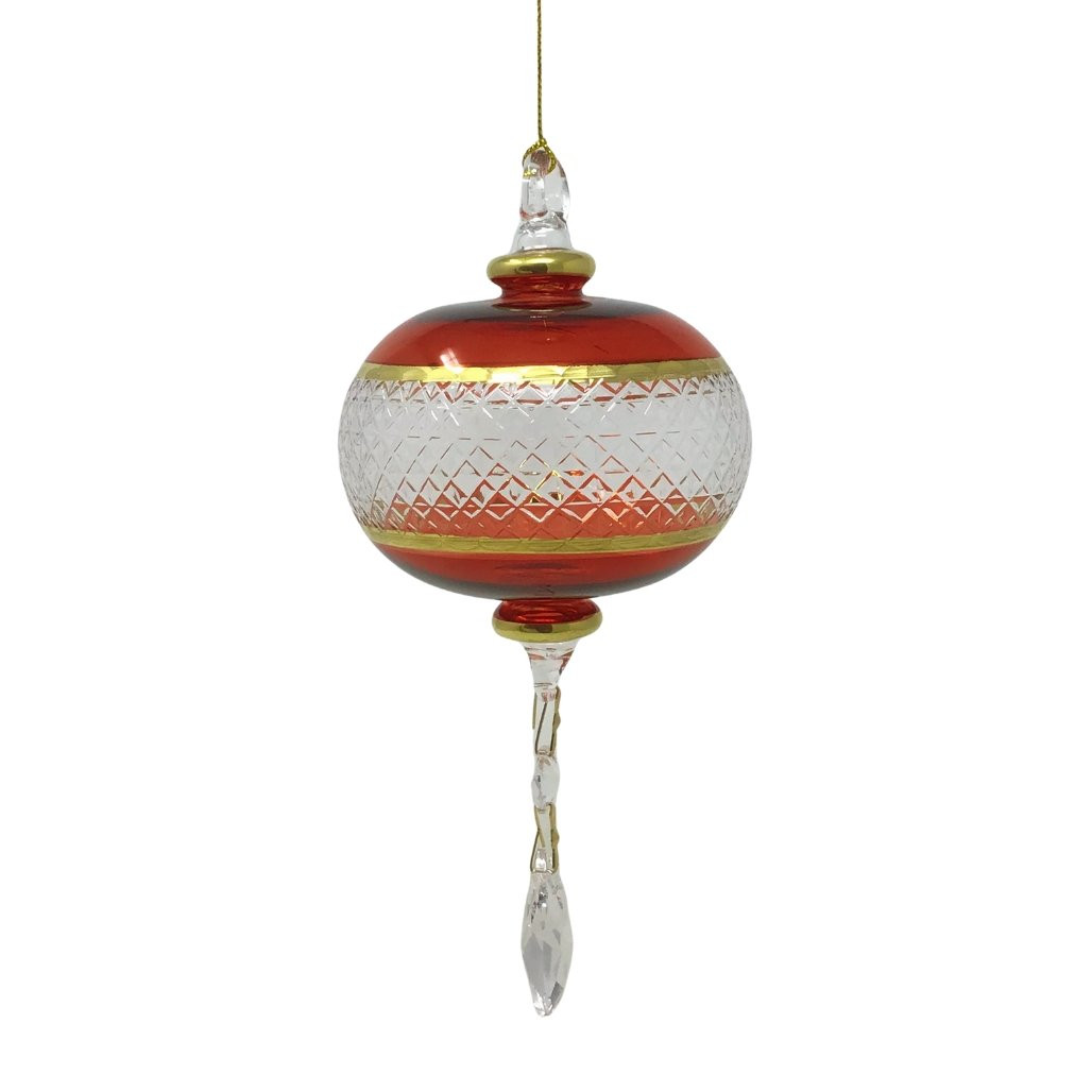 Egyptian Museum Red and Gold Etched Ball with Crystal Drop Ornament