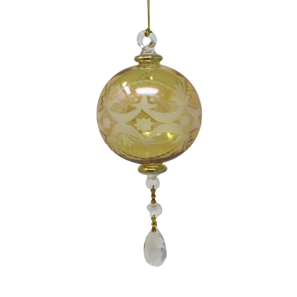 Egyptian Museum Glass Yellow Etched Ball with Crystal Drop Ornament