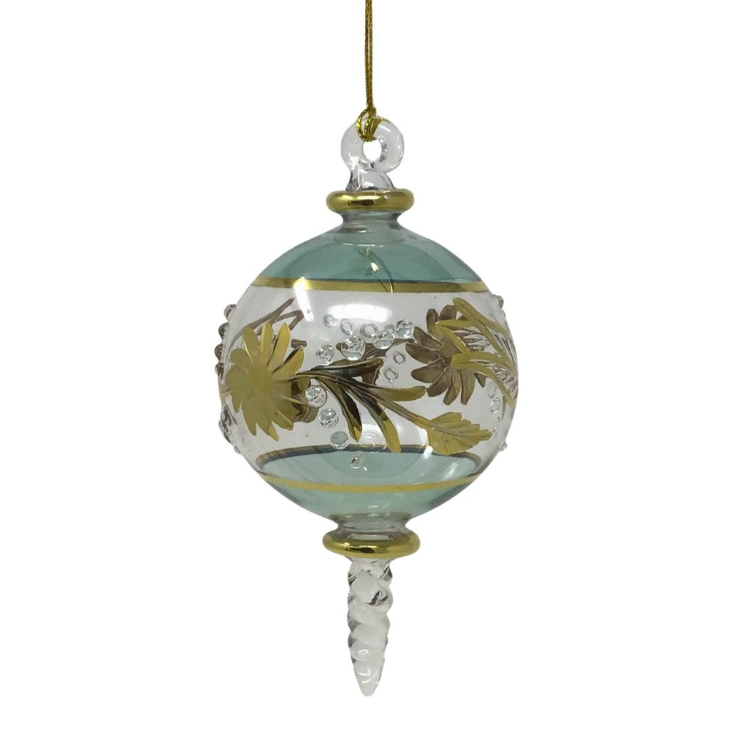 Egyptian Museum Green Gold Etched Floral Ball Ornament