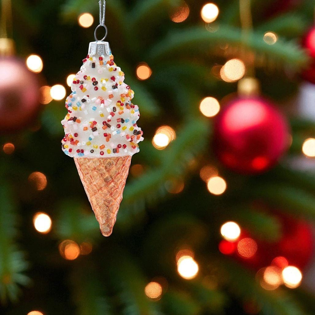 Glass White Ice Cream Cone Ornament
