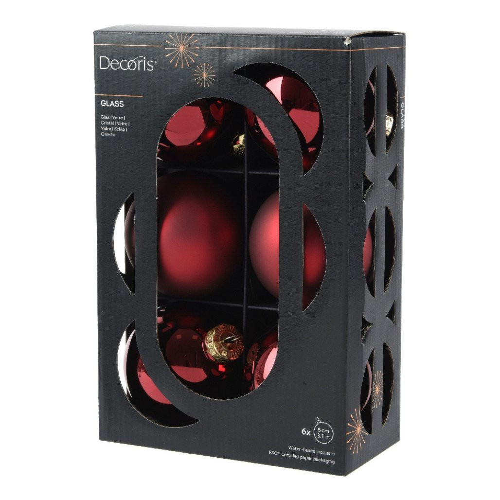 Set of 6 Oxblood Matte And Shiny Glass Ball Ornaments