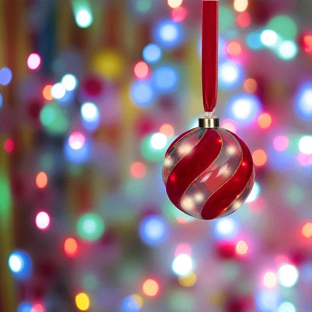 Lumineo Micro-LED Red Swirl Glass Ball Ornament