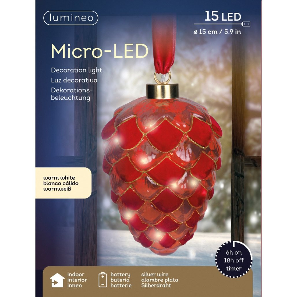 Lumineo Micro-LED Red Pinecone Glass Ornament