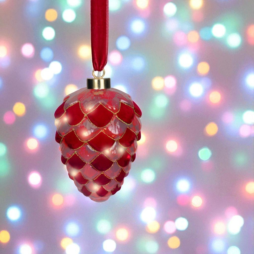 Lumineo Micro-LED Red Pinecone Glass Ornament