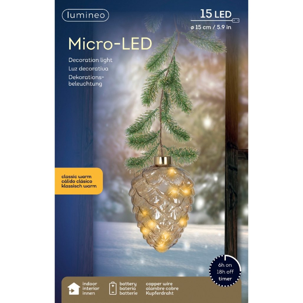 Lumineo Micro-LED Clear Pinecone Glass Ornament