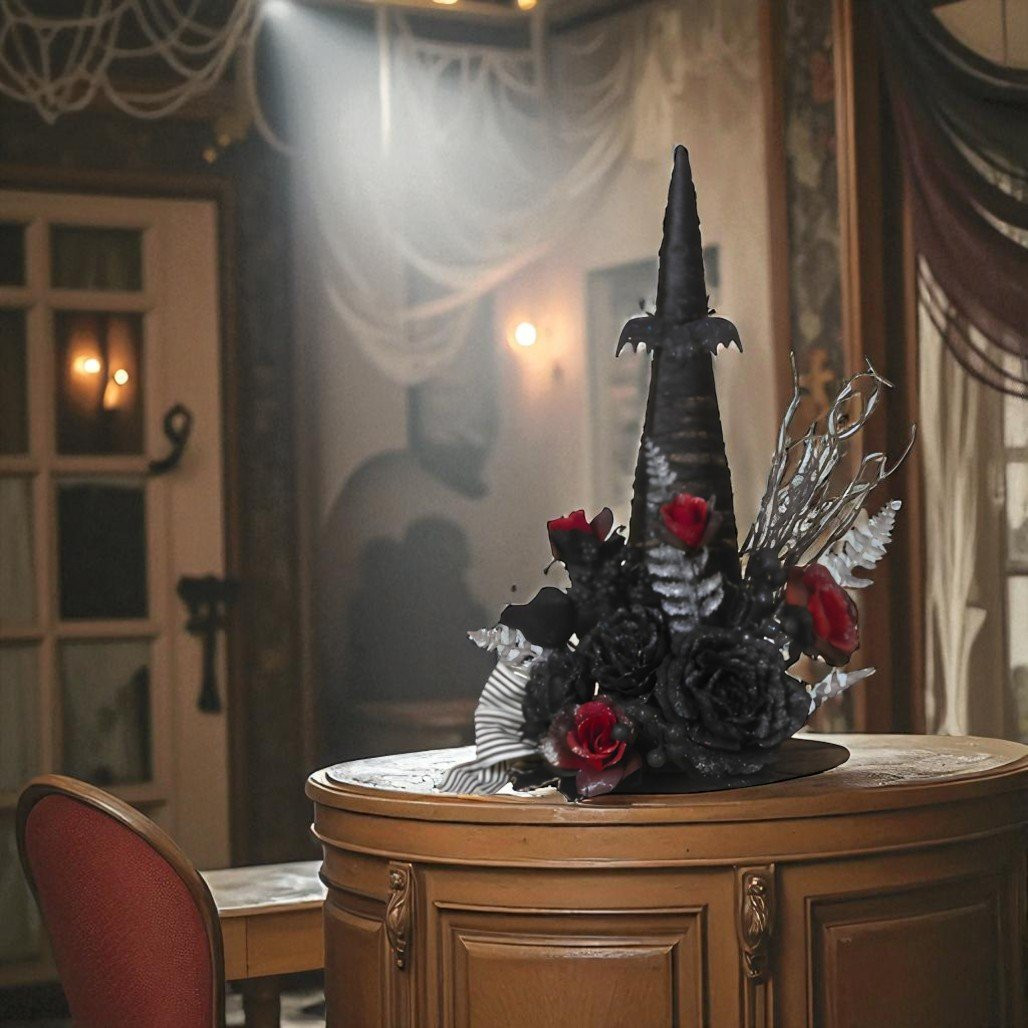 Halloween Witch Hat with Red Floral Accents