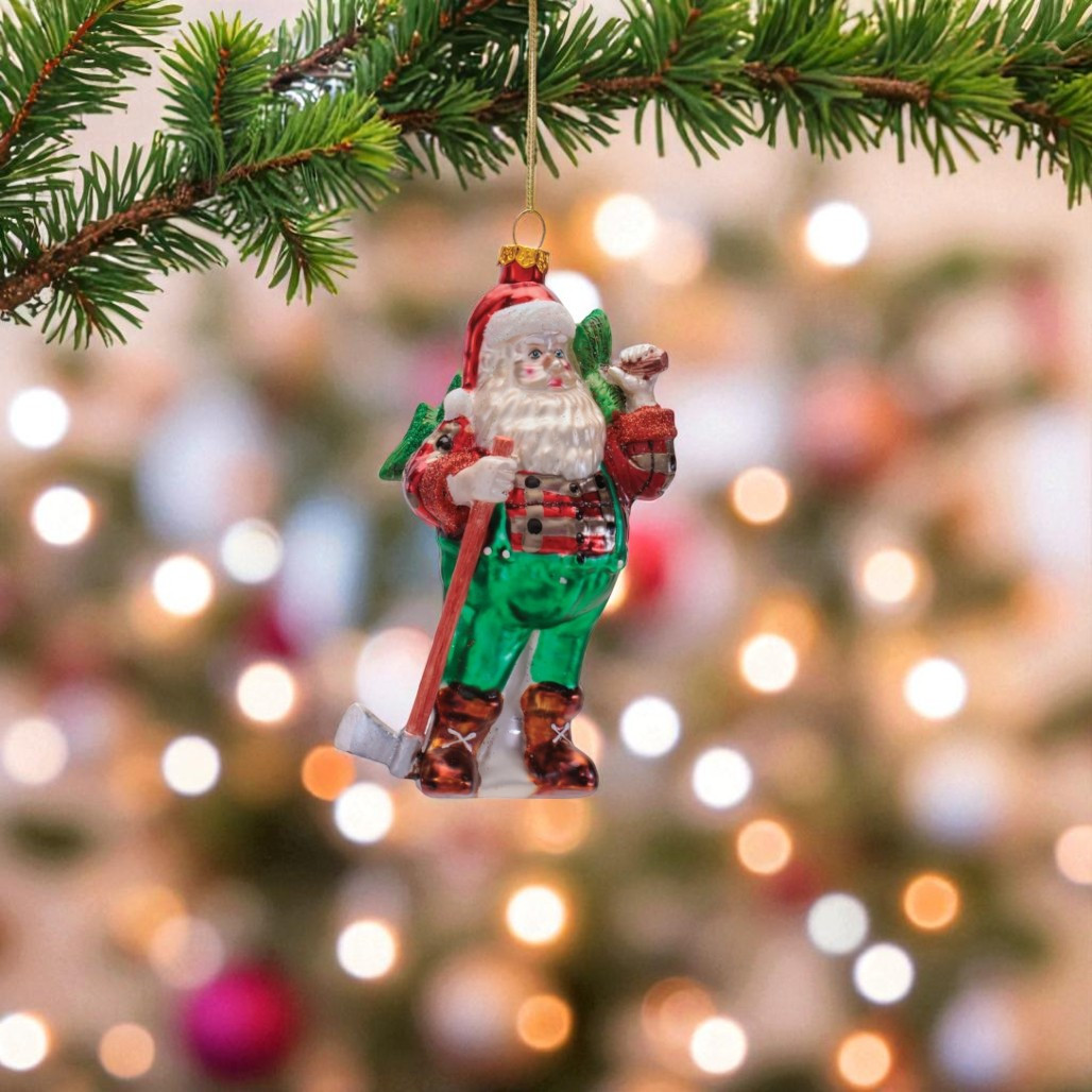 Santa Lumberjack Glass Ornament