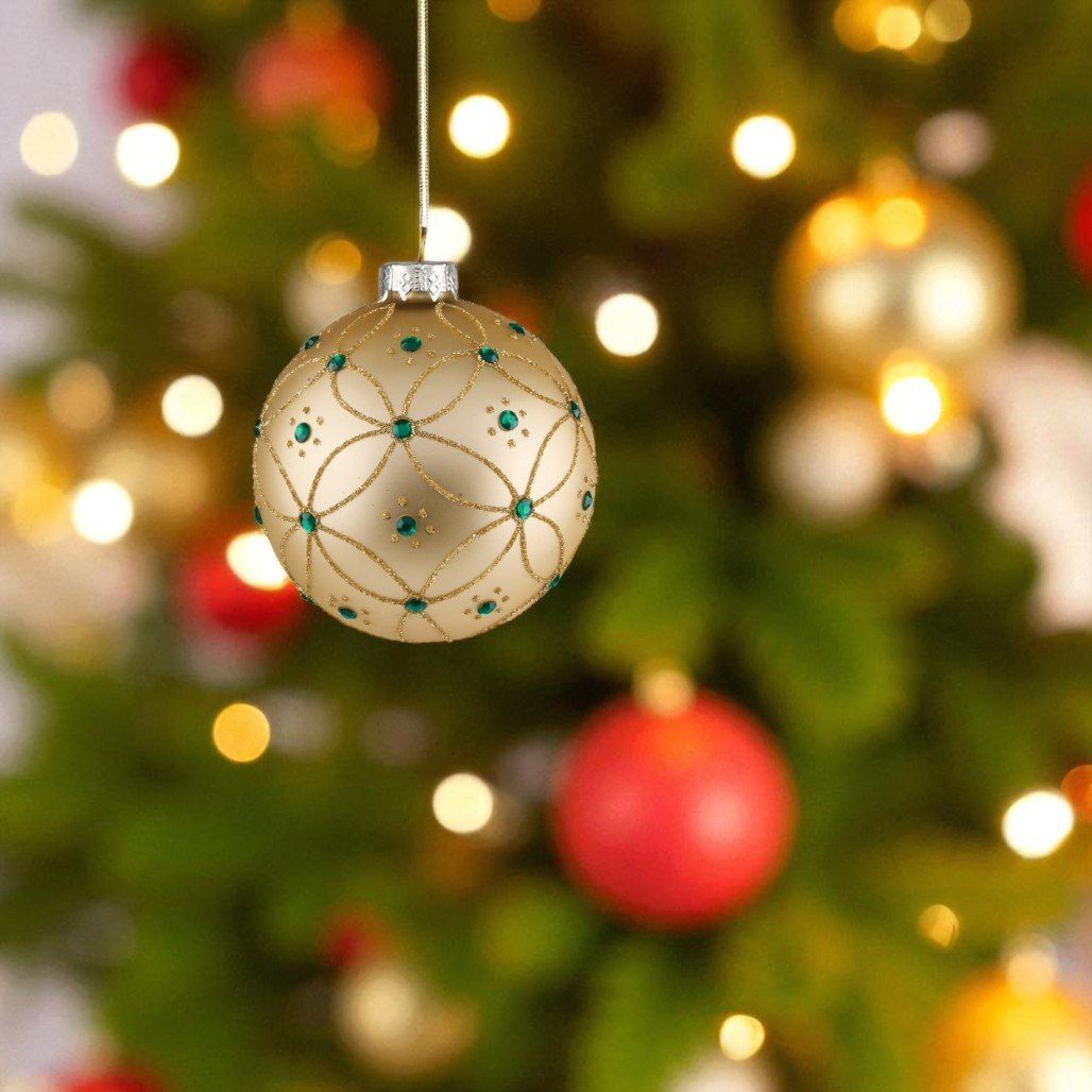Gold & Emerald Lattice Glass Ball Ornament