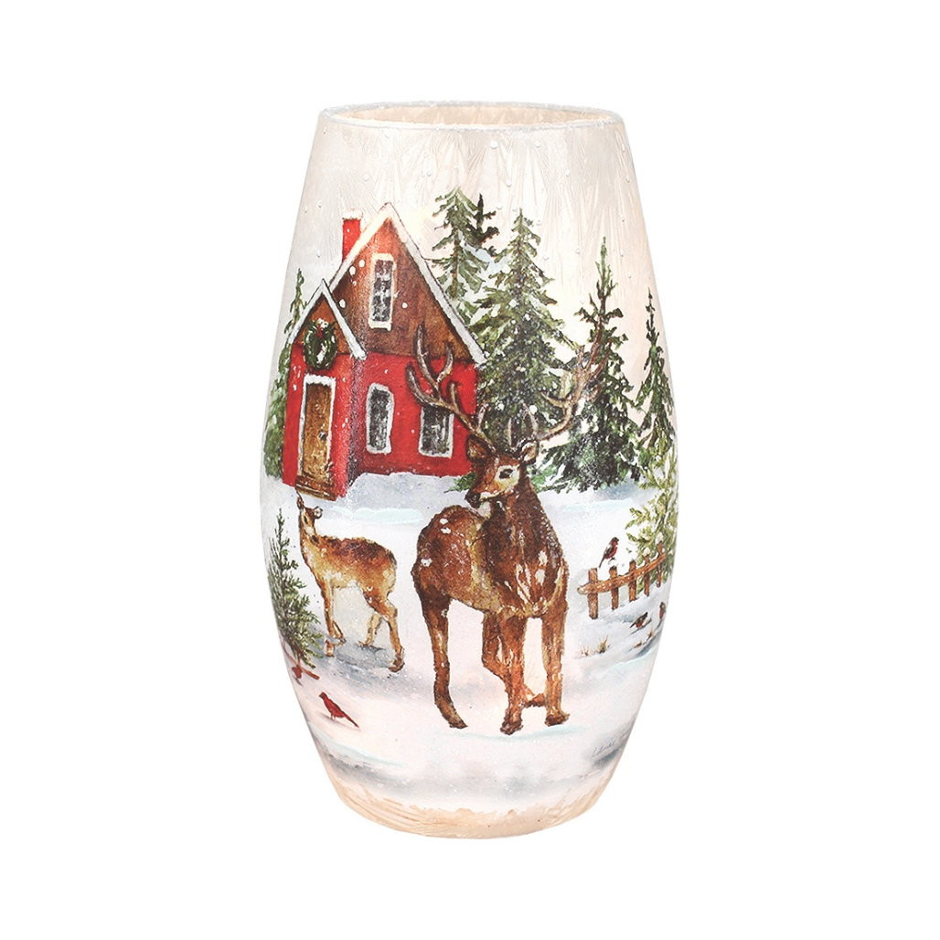 Stony Creek Frosted Barn Reindeer Visit Glass Lamp