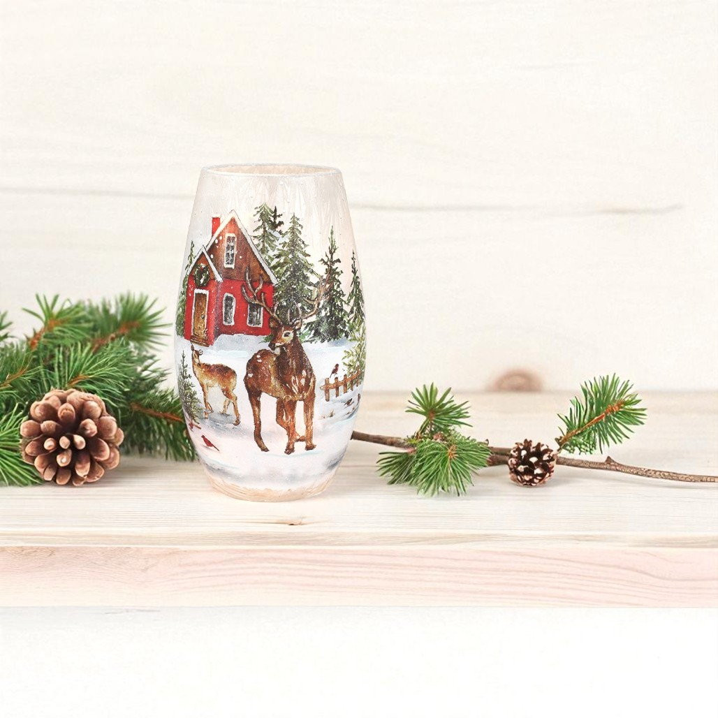 Stony Creek Frosted Barn Reindeer Visit Glass Lamp
