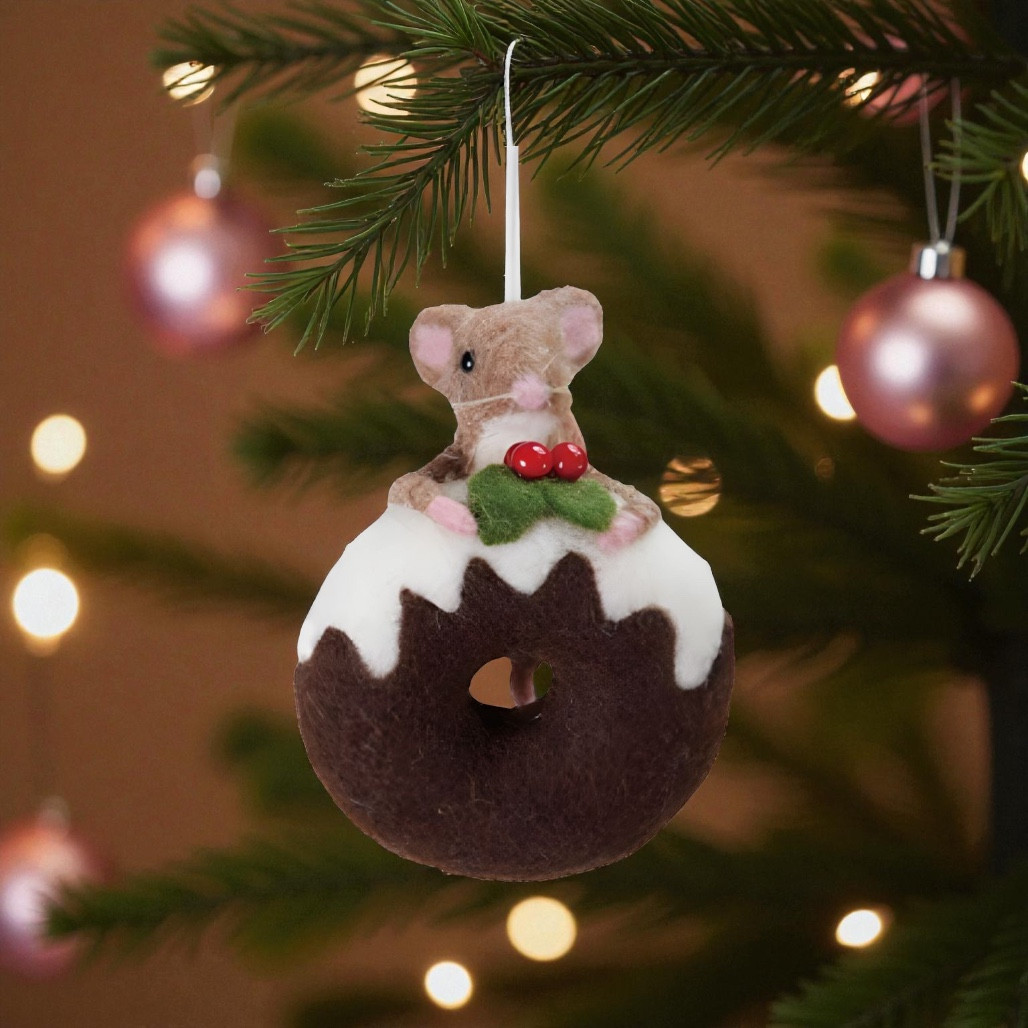 Handmade Felt Mouse on Donut Ornament | 3.5 inches Dark Brown Wool