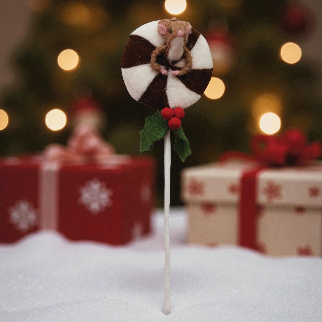 Handmade Wool Felt Lollipop with Mouse & Holly – Black | 4.25 inches Pick