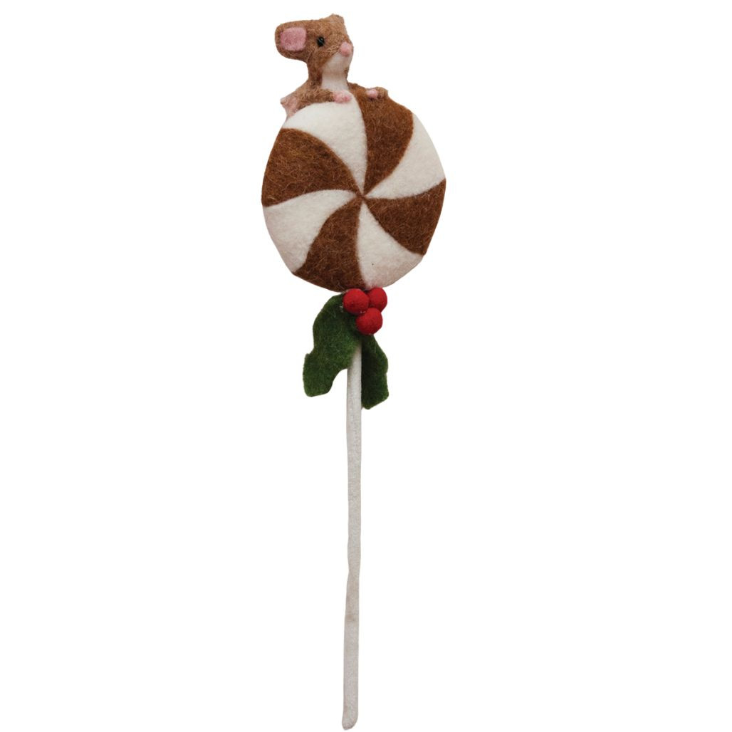 Handmade Wool Felt Lollipop with Mouse & Holly – Brown | 4.25 inches Pick