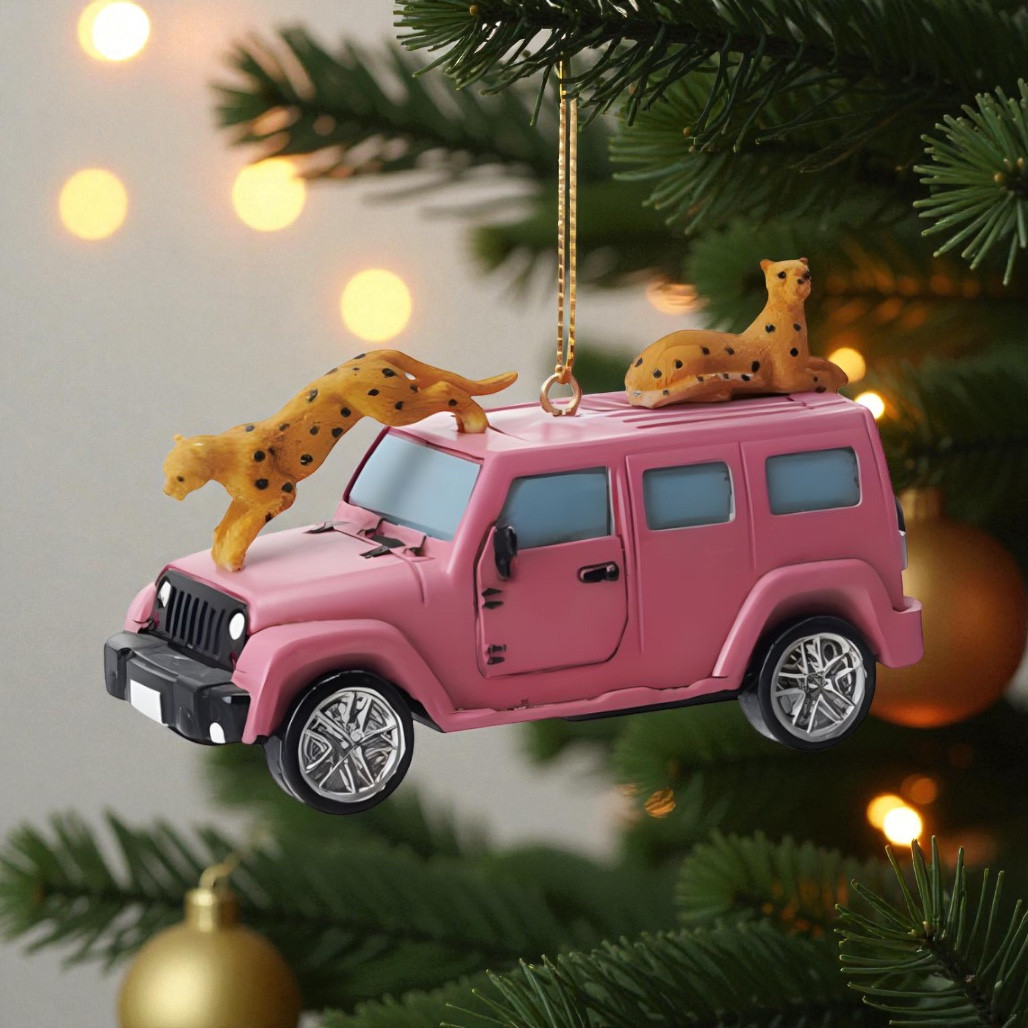 Safari Vehicle with Cheetahs Ornament – Pink Resin | 4 Inch