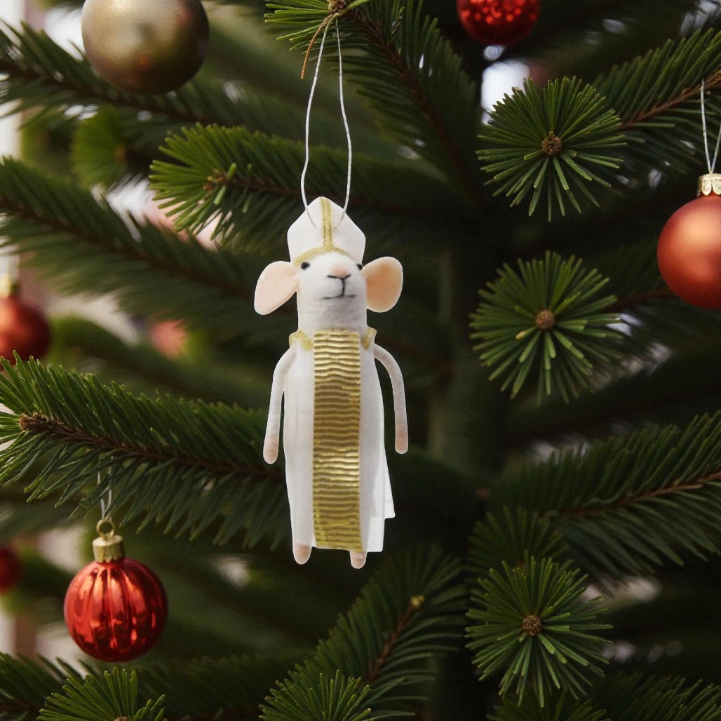 Wool Felt Religious Mouse Ornament – Gold Trim | 6 Inch