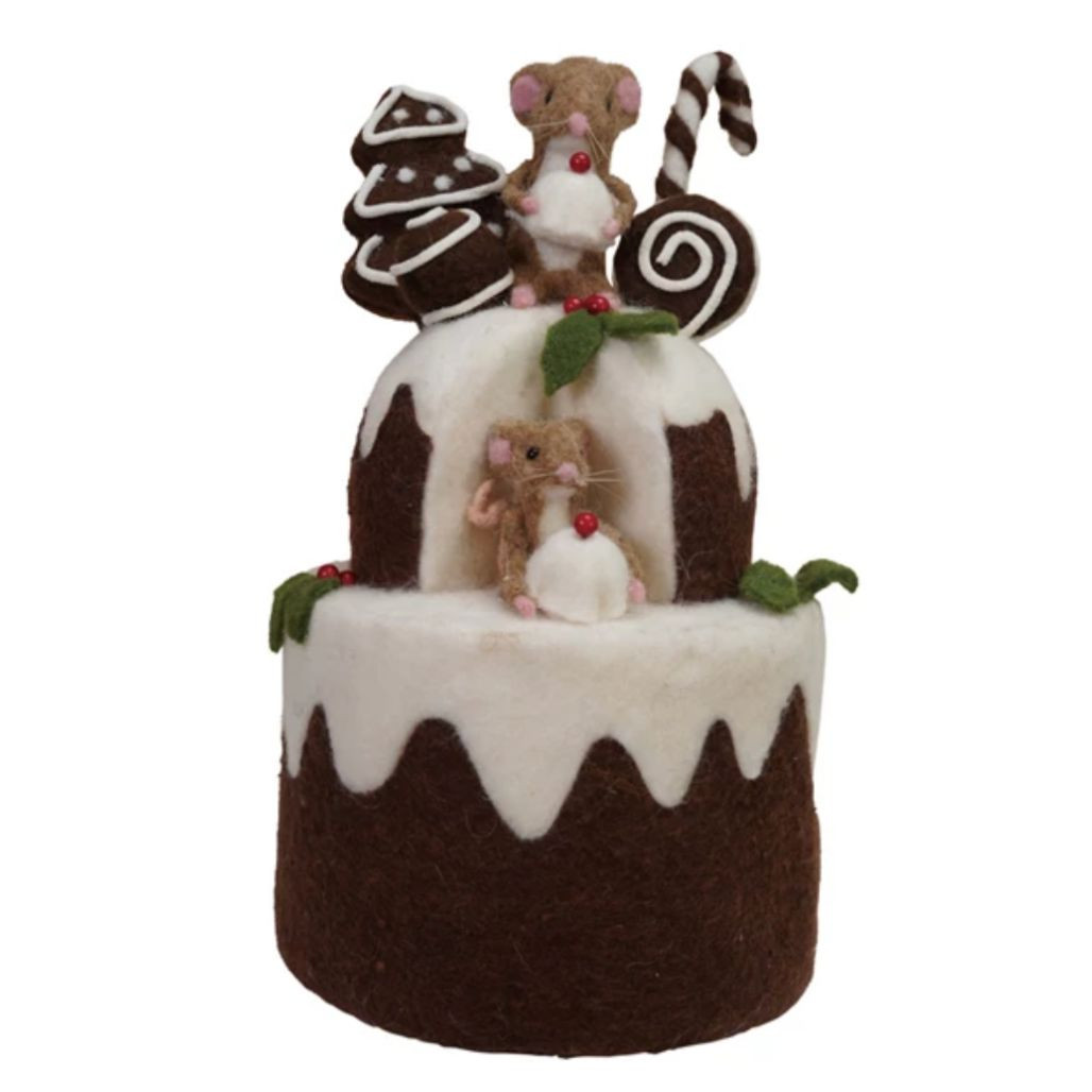 Wool Felt 2-Tier Cake with Gingerbread & Mice | 14.25 Inches