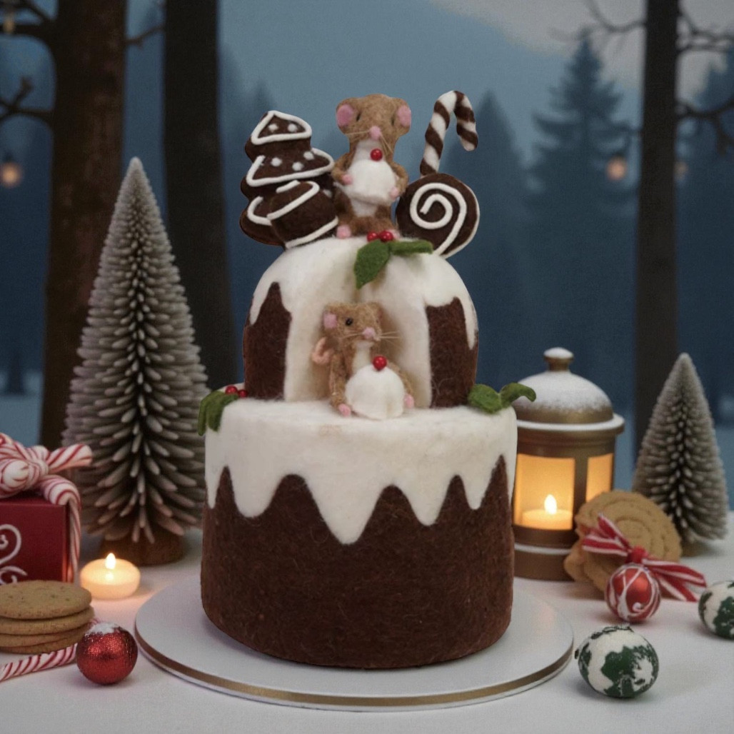 Wool Felt 2-Tier Cake with Gingerbread & Mice | 14.25 Inches