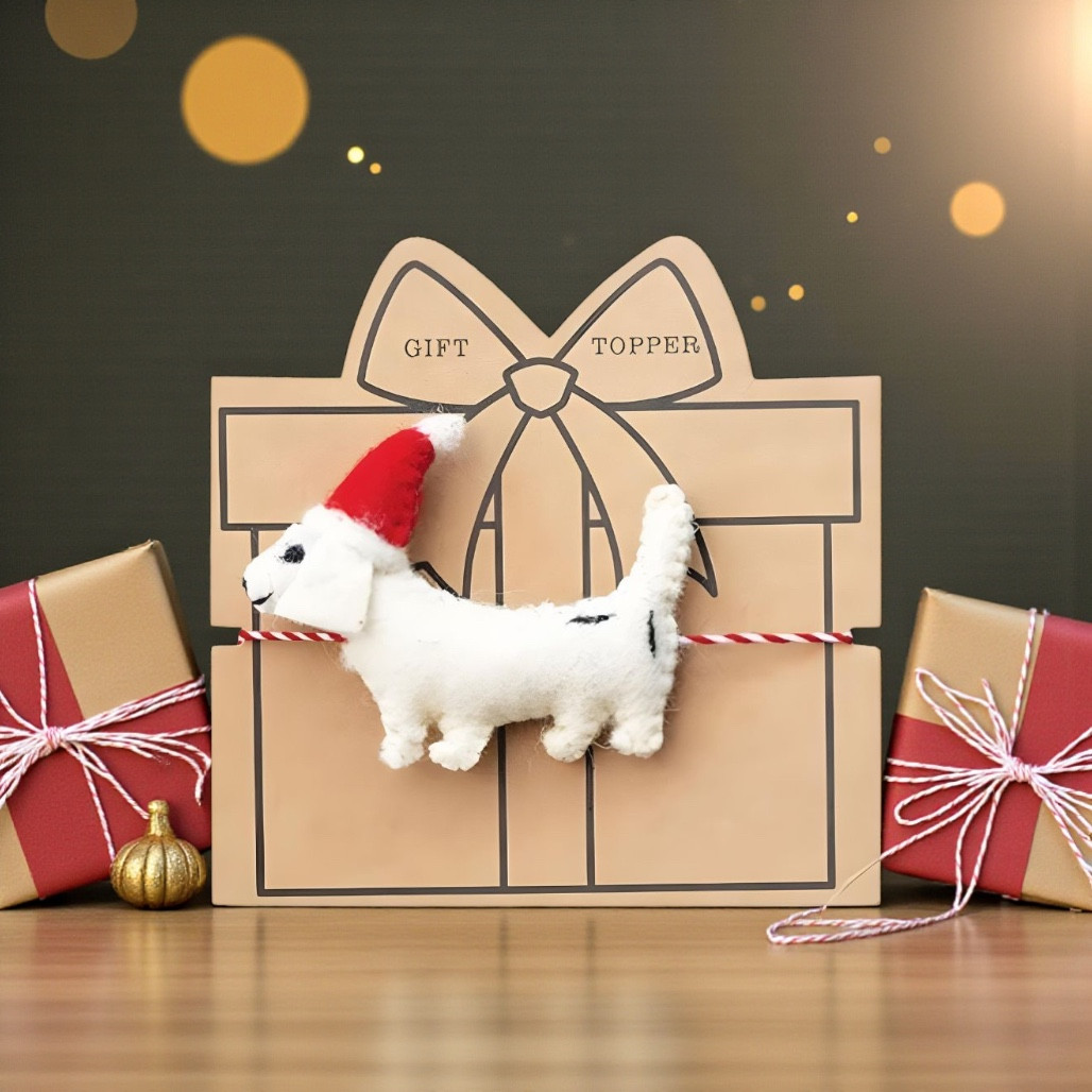 Wool Felt Dog Gift Topper with Santa Hat – White | 3.75 Inch