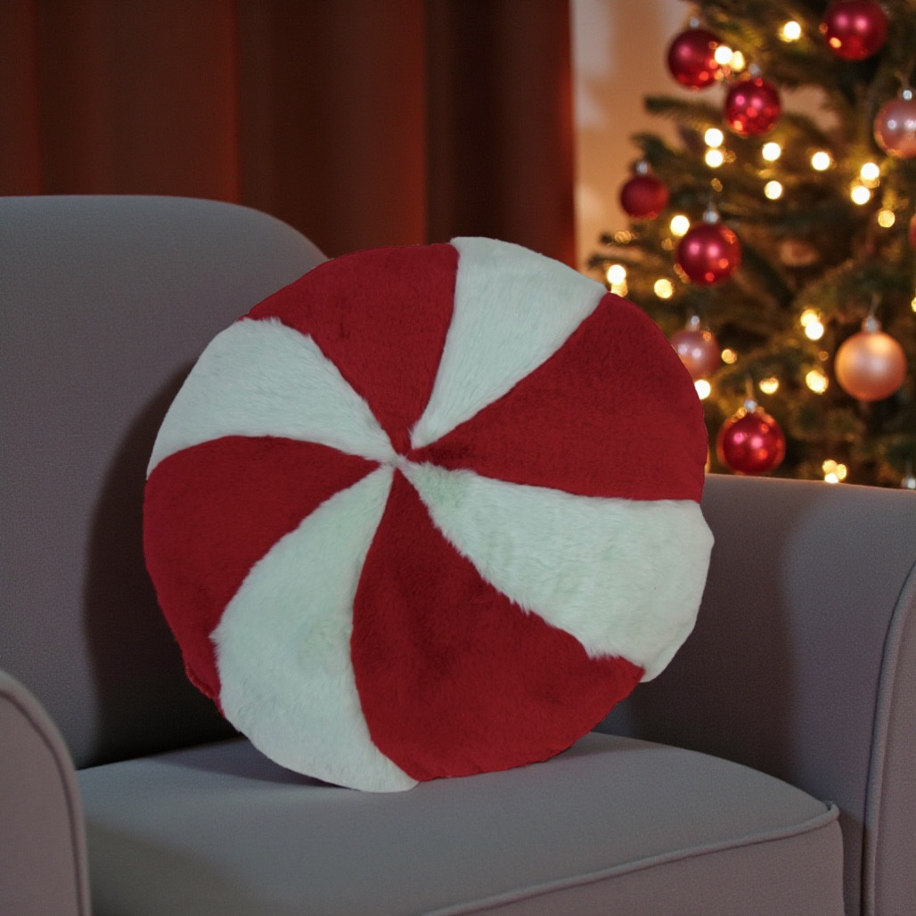 Fur & Velvet Peppermint Pillow – Red & Light Green | 16 Inch Round Holiday Accent