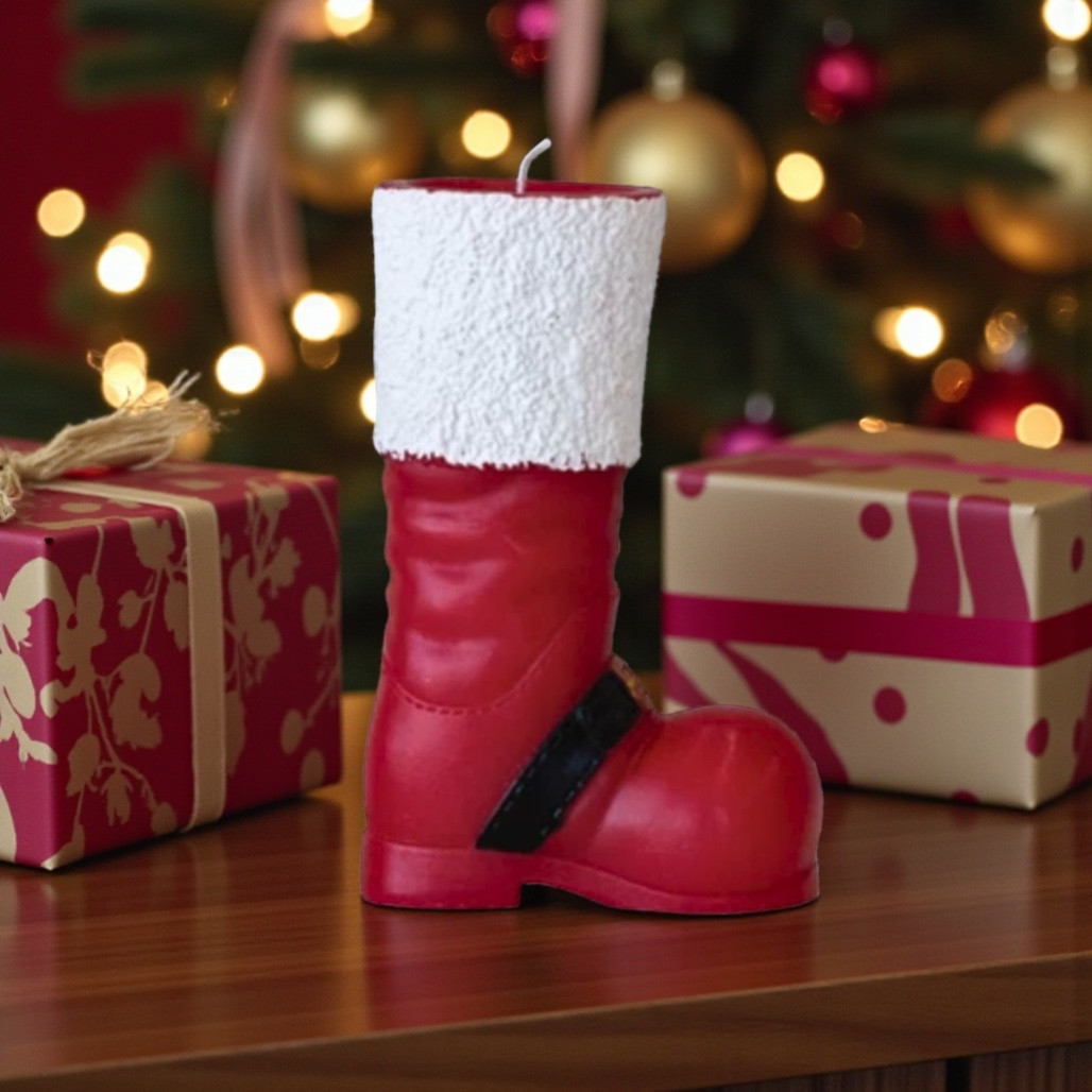 Unscented Santa Boot Candle – Red & White | 6 Inch Holiday Accent