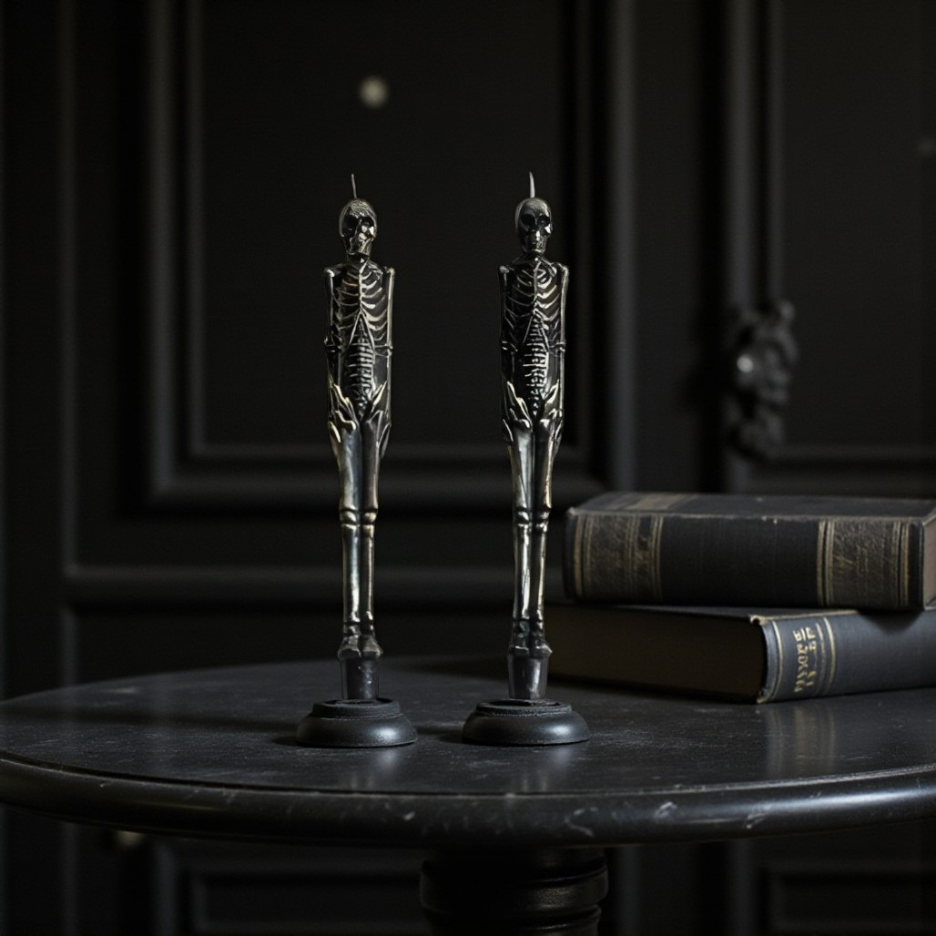 Unscented Black Skeleton Taper Candles – Set of 2 | 10 Inch Halloween Décor