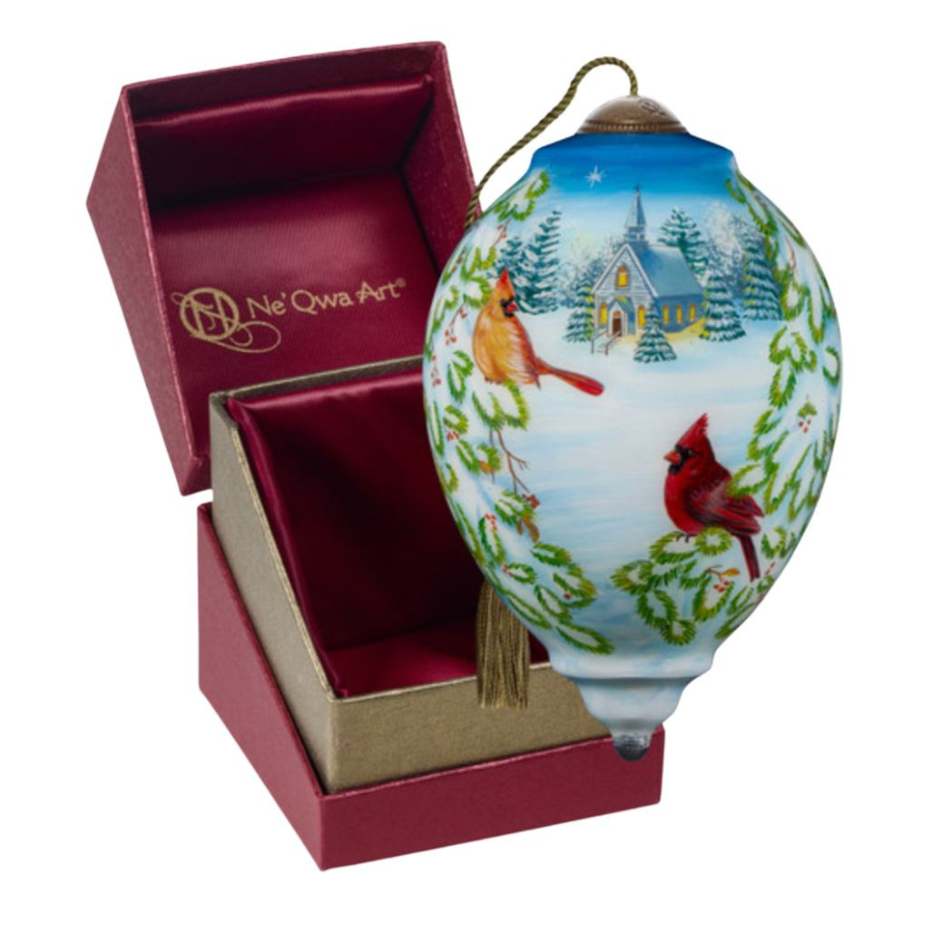 Ne’Qwa Art Cardinal Couple Ornament with Church Scene – 5.5 Inch Hand‑Blown Glass