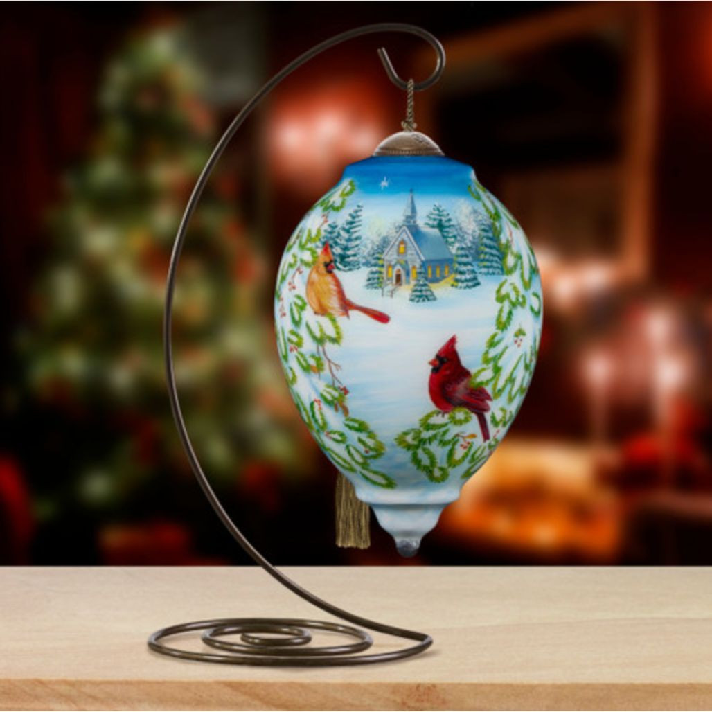 Ne’Qwa Art Cardinal Couple Ornament with Church Scene – 5.5 Inch Hand‑Blown Glass