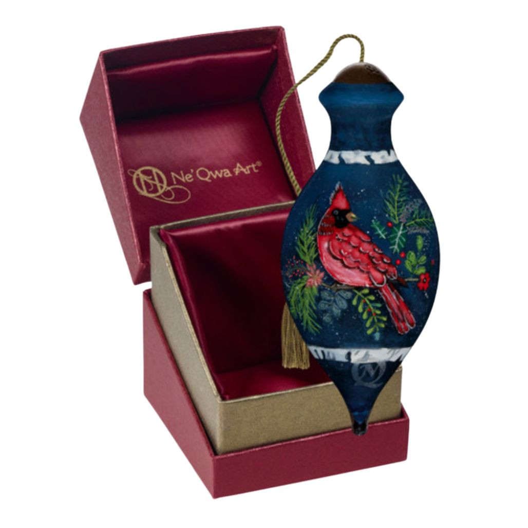 Ne'Qwa Art Cardinal with Greenery Ornament | Hand-Painted 4.25 Inches
