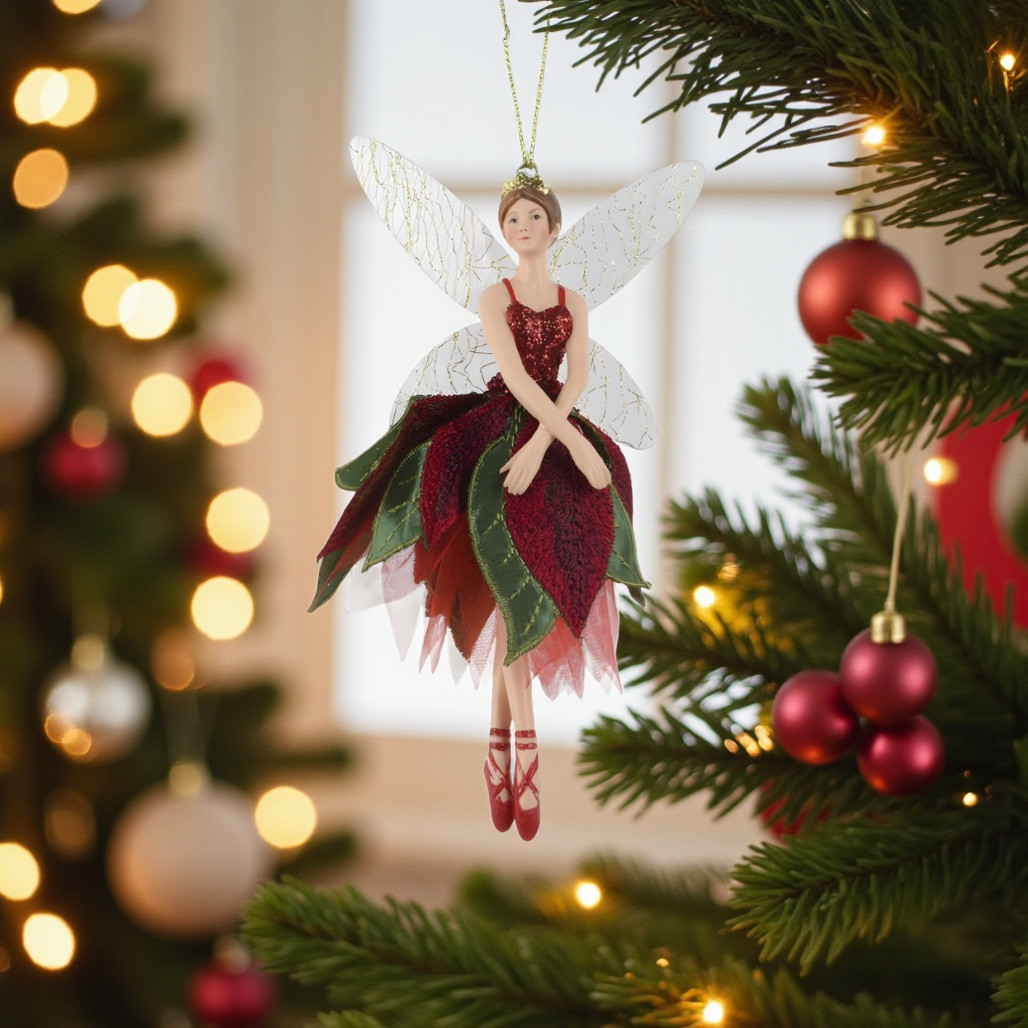 Red & Green Fairy Ornament – Hands Down | 6 Inch