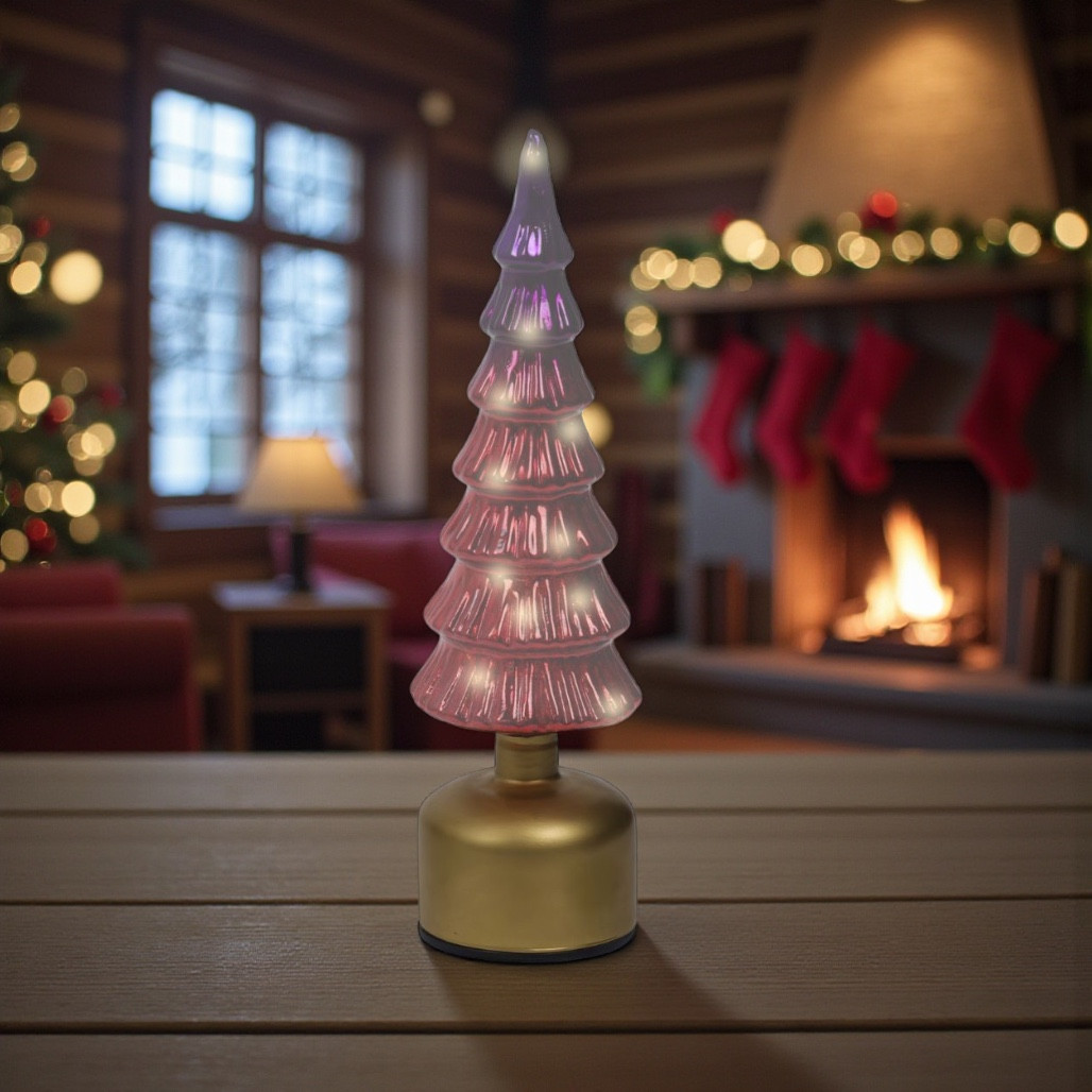 Lumineo LED Rotating Glass Christmas Tree – Pink | Battery Operated 13 Inch