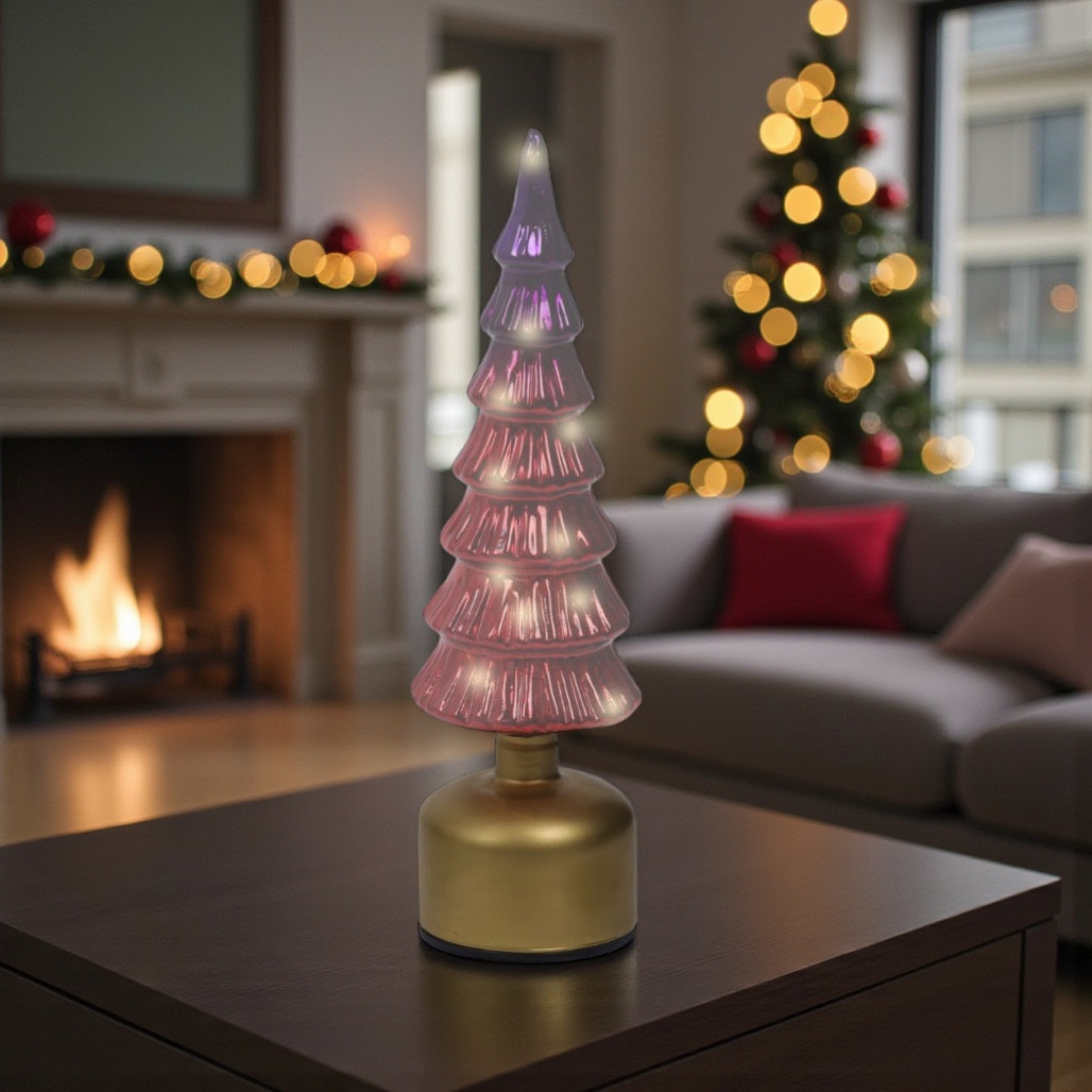 Lumineo LED Rotating Glass Christmas Tree – Pink | Battery Operated 15 Inch