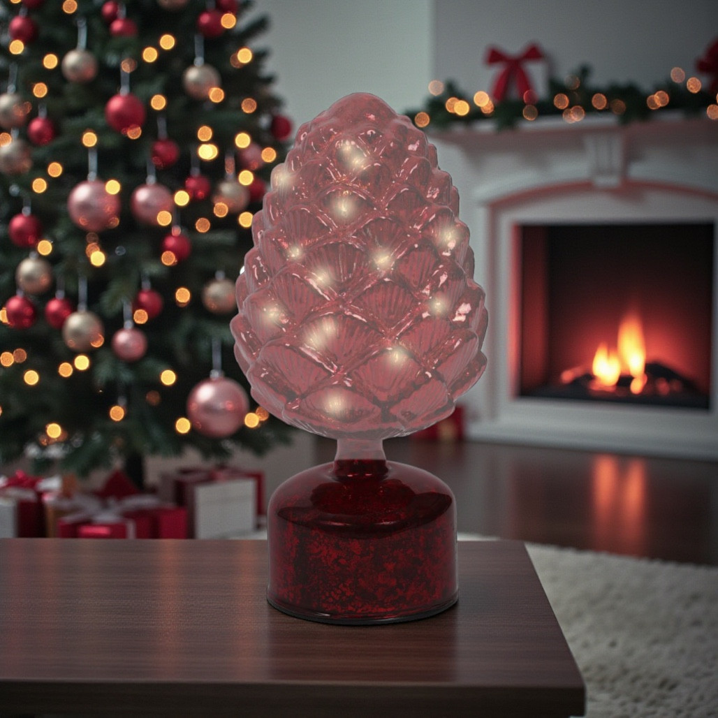 Lumineo LED Rotating Glass Pinecone – Red | 9 Inch Battery Operated