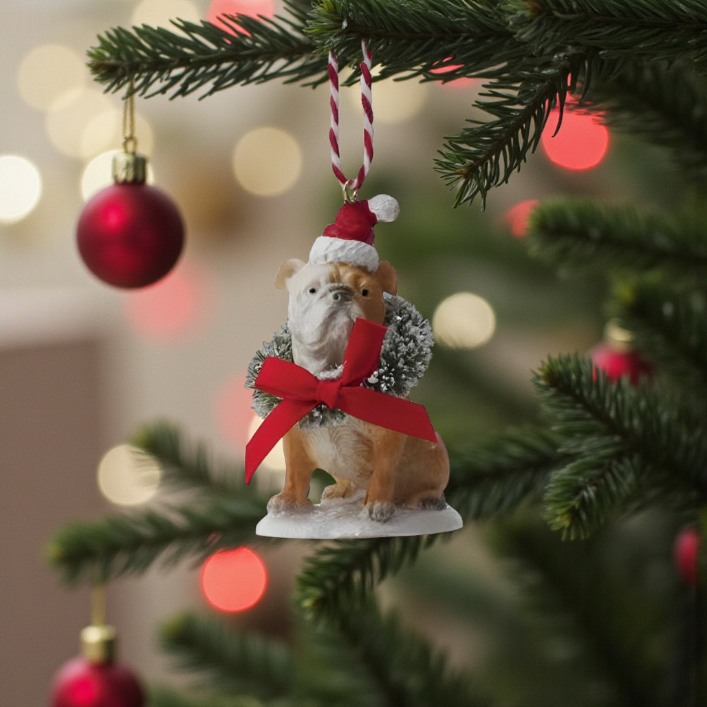 Bulldog Dog Ornament with Bottle Brush Wreath | 3 Inch