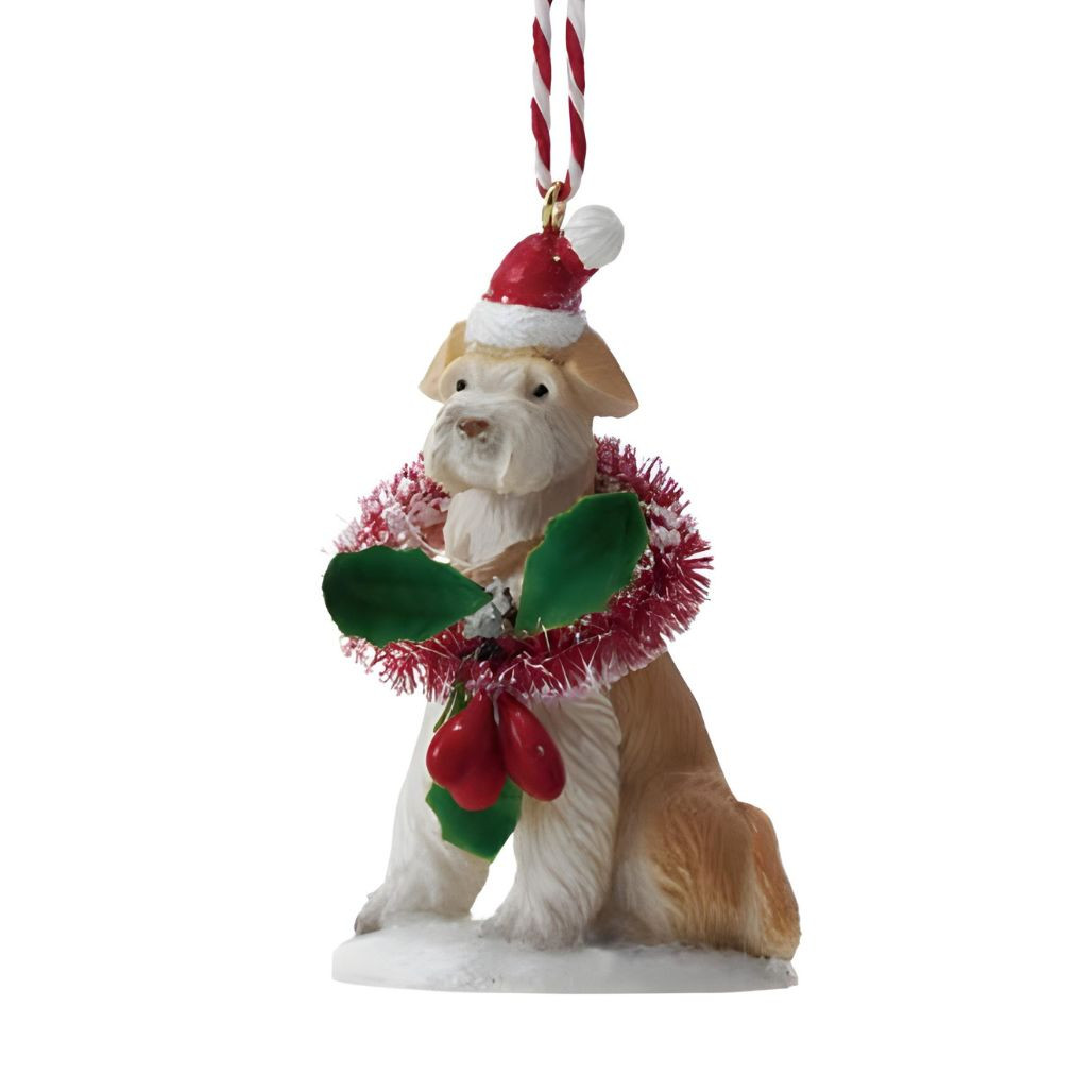 Terrier Dog Ornament with Bottle Brush Wreath | 3 Inch