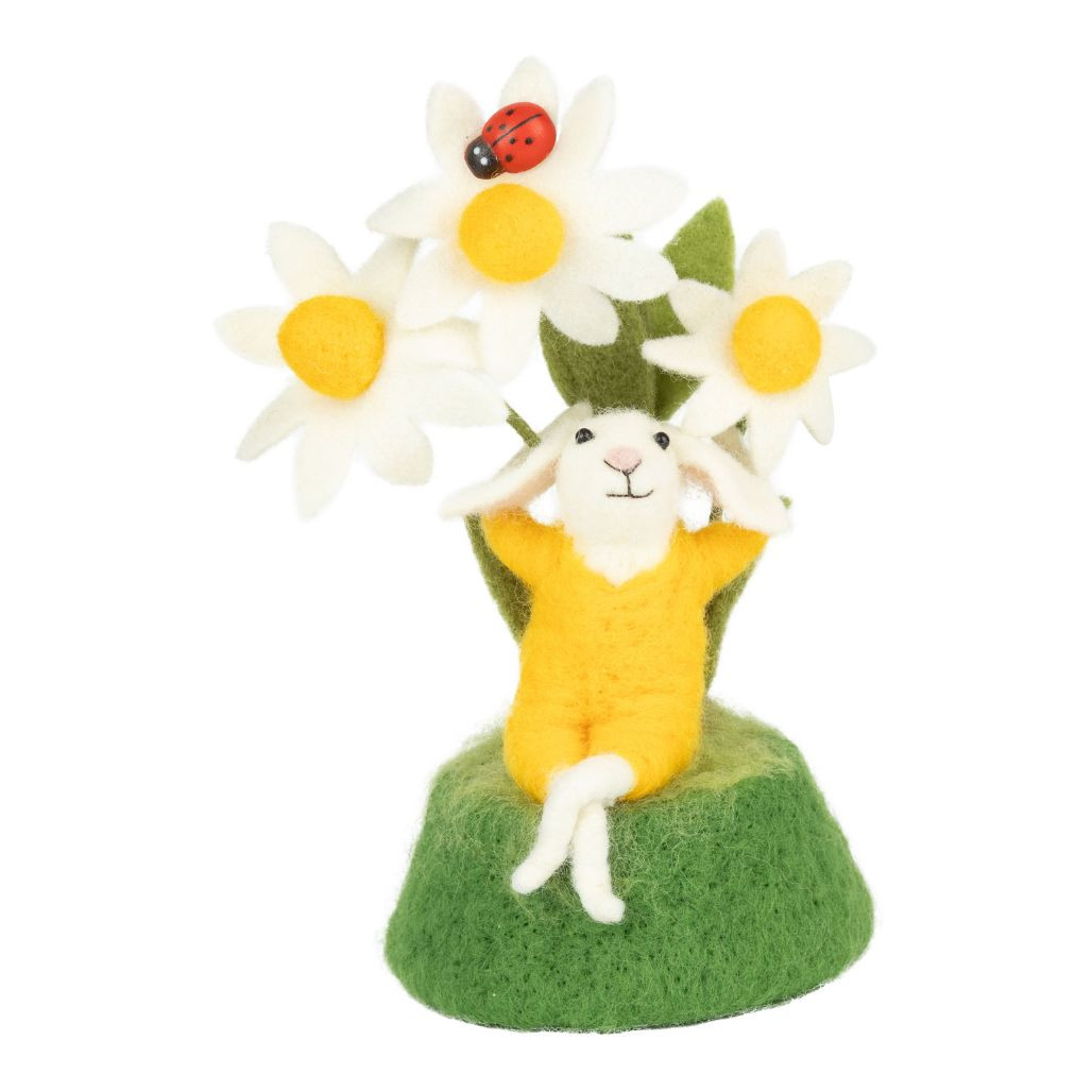 Lounging Felt Bunny with Daisies Figurine | 8 Inch