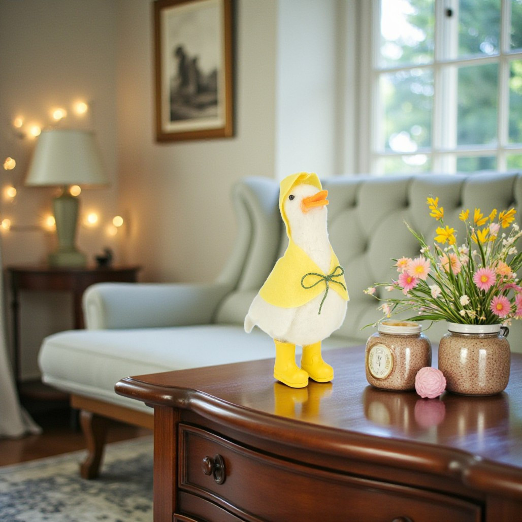White Felt Duck in Yellow Raincoat Figurine | 5.5 inch