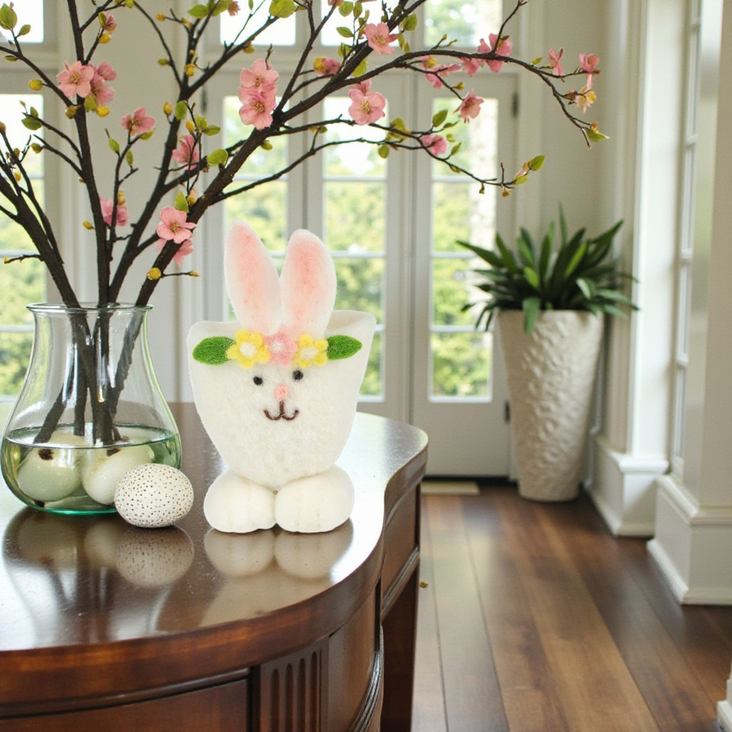 Felt Bunny Egg Cup Basket with Floral Trim | 5.5 Inch