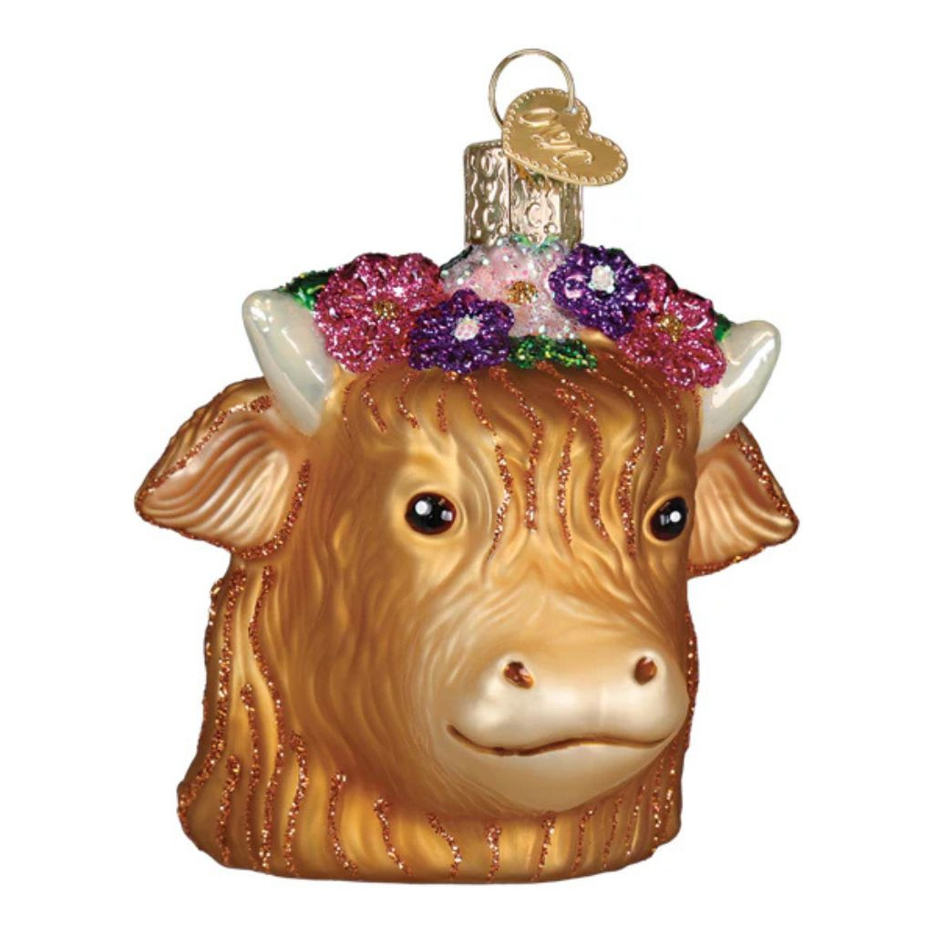Old World Christmas Floral Highland Cow Ornament | 3.5in Glass