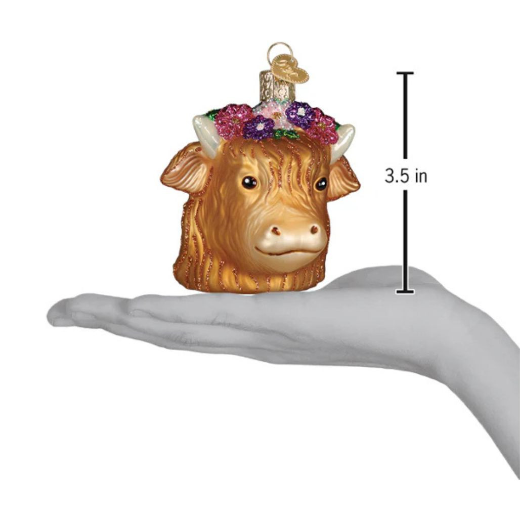 Old World Christmas Floral Highland Cow Ornament | 3.5in Glass