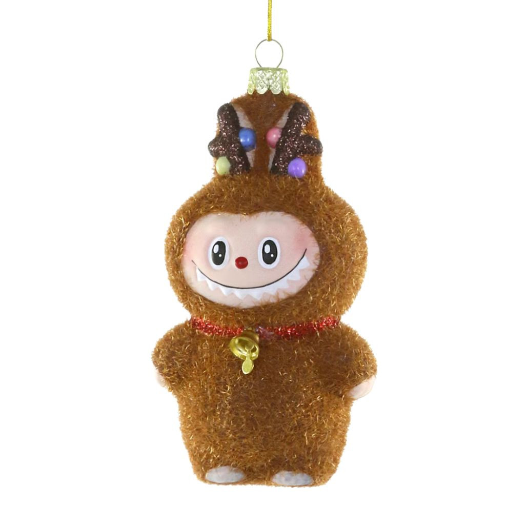 Glass ornament with brown fuzzy monster wearing reindeer antlers and colorful details.
Fuzzy Monster Reindeer ornament with smiling face, bell accent, and antlers.
Hanging glass monster reindeer ornament measuring 2.25 x 1.25 x 4.25 inches.
