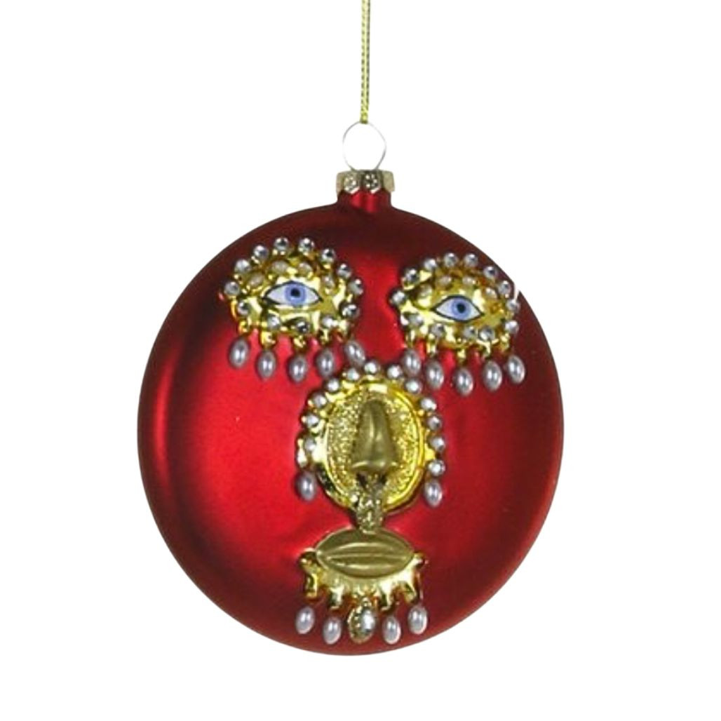 Cody Foster Red Pearled Face Disc Glass Ornament